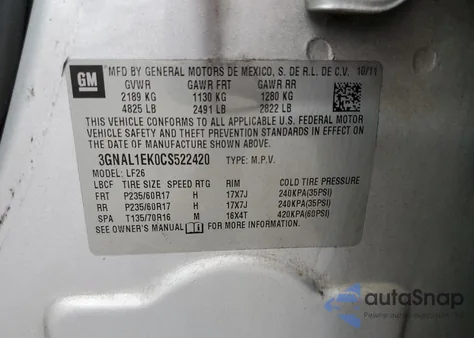 2012 Chevrolet Captiva Sport z USA, uszkodzony, nr VIN 3GNAL1EK0CS522420